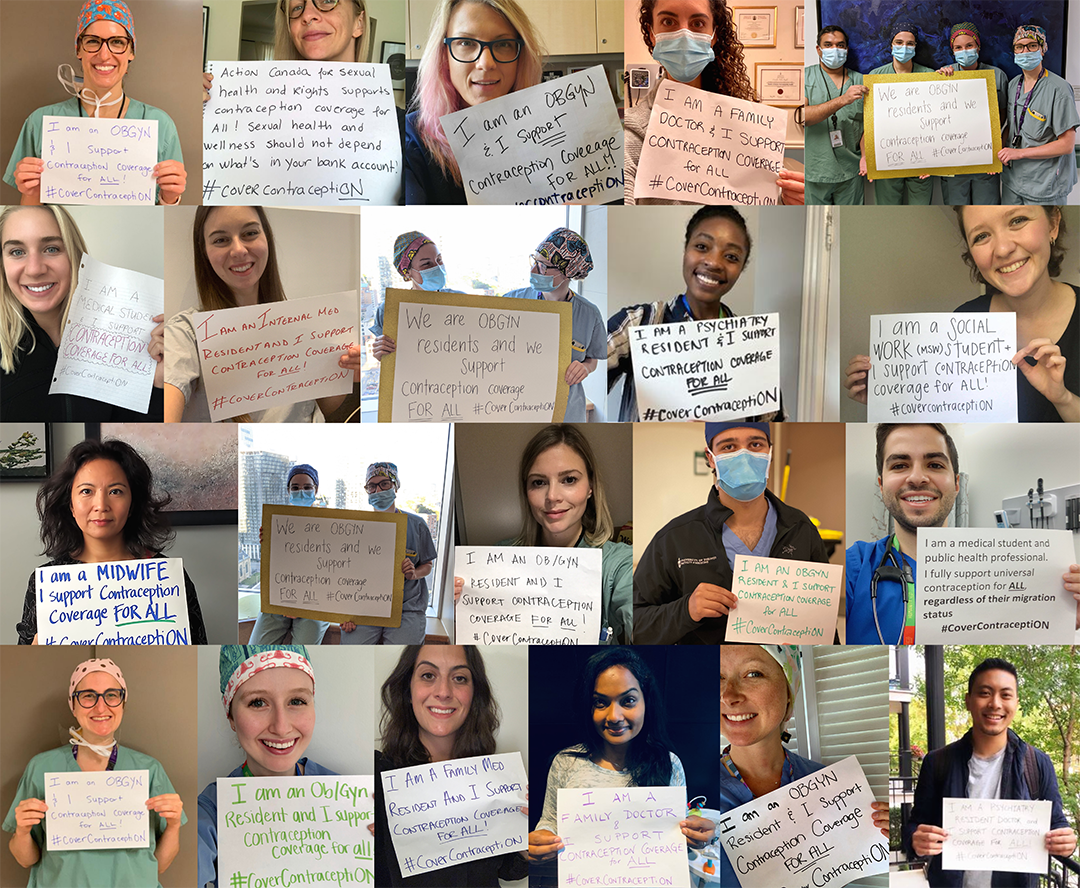 Photos of healthcare professionals with signs about contraception coverage