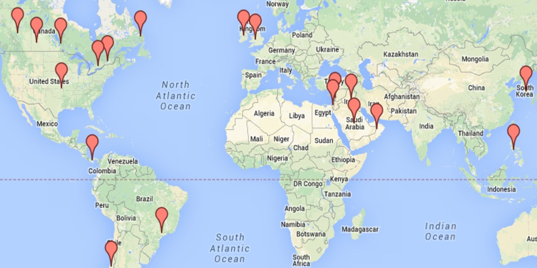 Map of where Drutz's fellows practice around the world
