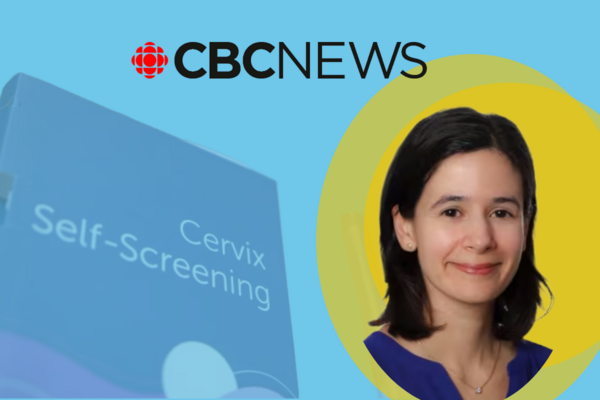 Headshot of Dr. Selk with Cervical Screening sign in background