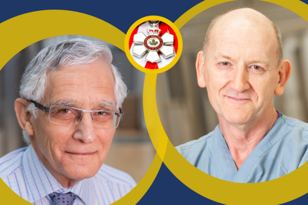Headshot of professors on abstract yellow circles