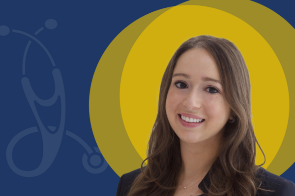 Headshot of Dalia Karol on abstract blue and yellow background