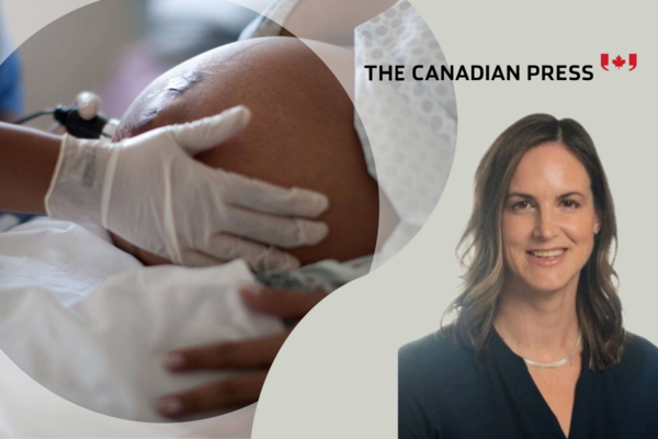 Hand on pregnant belly in hospital setting, beside Dr. Millar's headshot