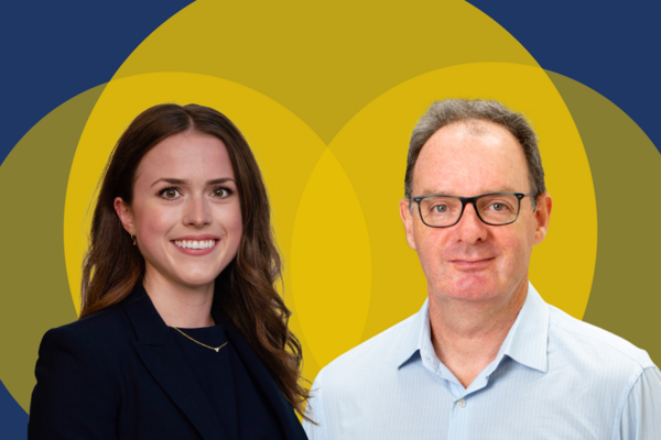 Two researcher headshots on abstract background of yellow and blue