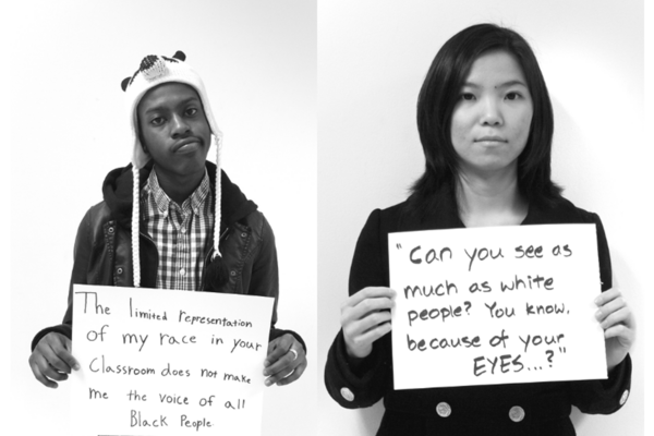 Black man and Asian woman hold up signs detailing their experiences with racism