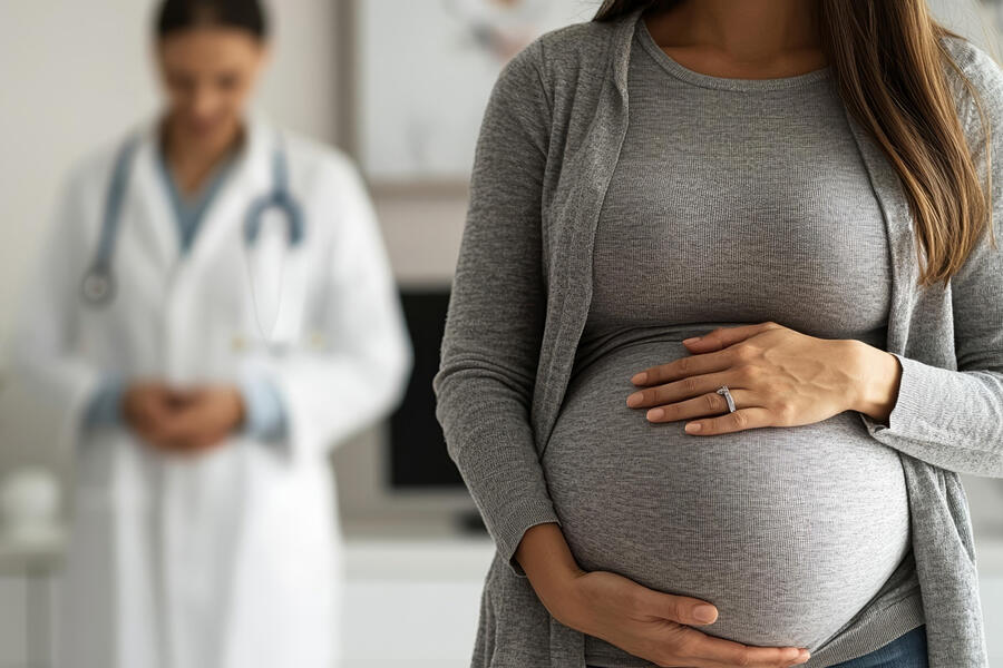 Pregnant woman with hands on belly, doctor behind