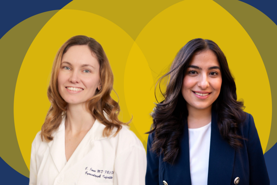 Headshots of two researchers on abstract background