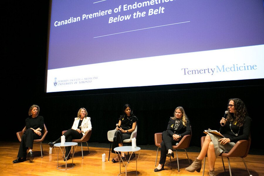 A panel of endometriosis experts speaks to an audience