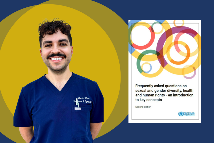 Doctor in scrubs beside cover of document