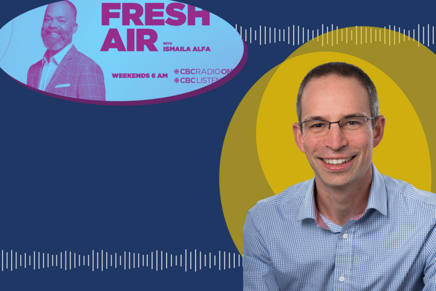Host profile shot with picture of doctor on abstract background