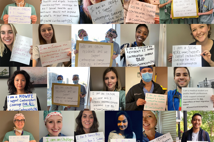 Photos of healthcare professionals with signs about contraception coverage