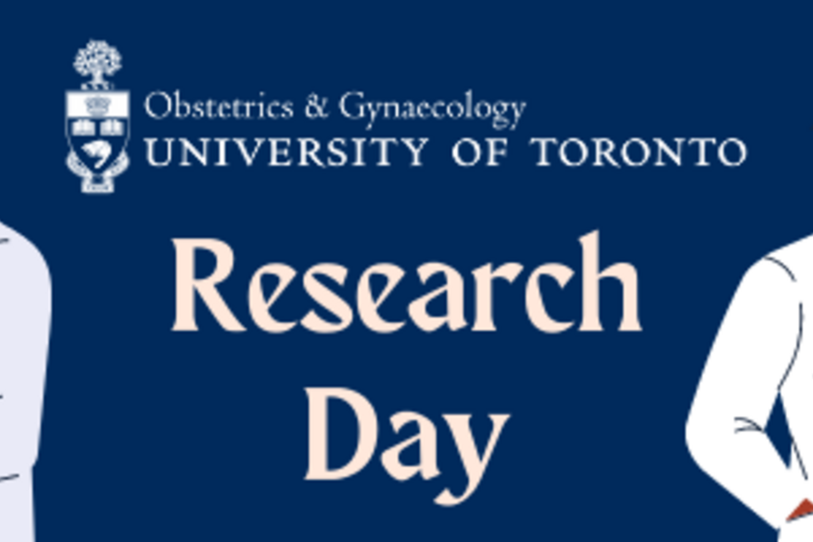 Cartoon doctors standing around UofT ObGyn logo and Research Day text