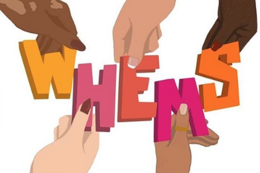Logo for WHEMS, five hands holding the logo together