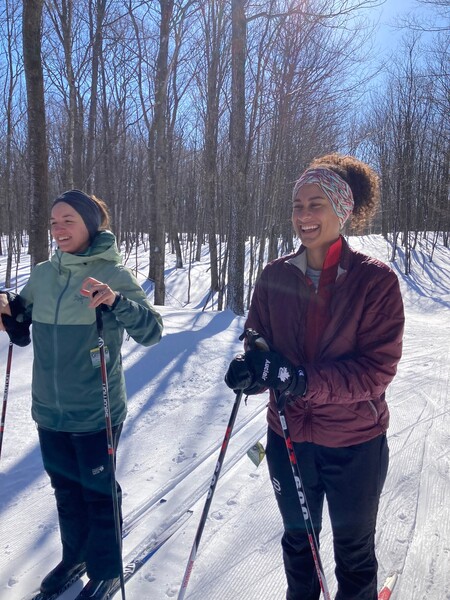 Two residents cross-country skiing