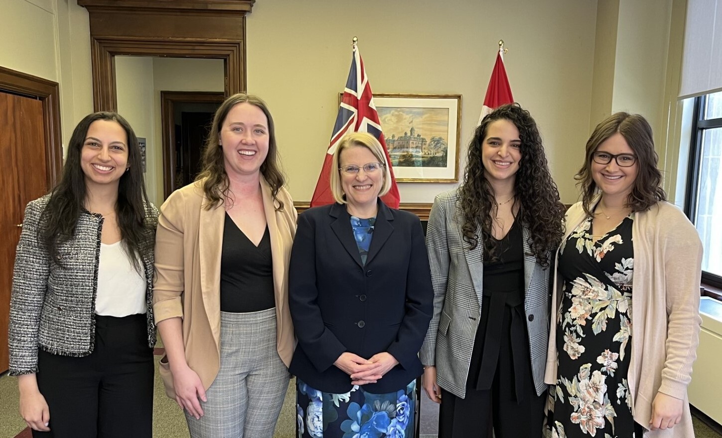 Residents Dr. Mary Boulos, Dr. Liz Thompson, Dr. Nour Bakhache and Dr. Hava Starkman stand with MPP Sylvia Jones