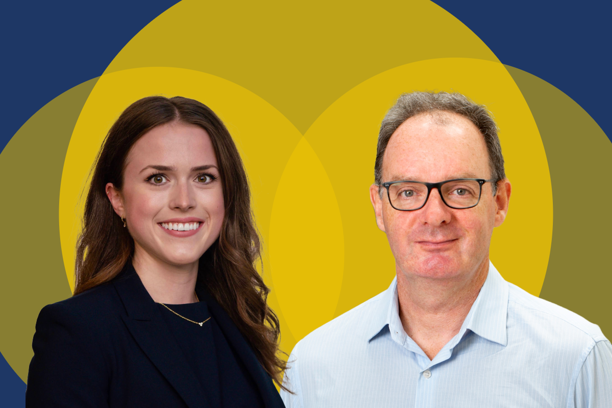 Two researcher headshots on abstract background of yellow and blue