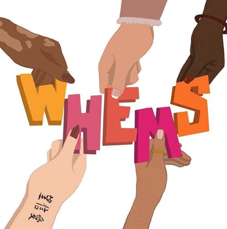Logo for WHEMS, five hands holding the logo together
